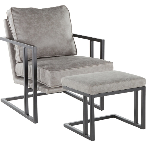 Roman Lounge Chair & Ottoman in Grey Leatherette & Black Metal